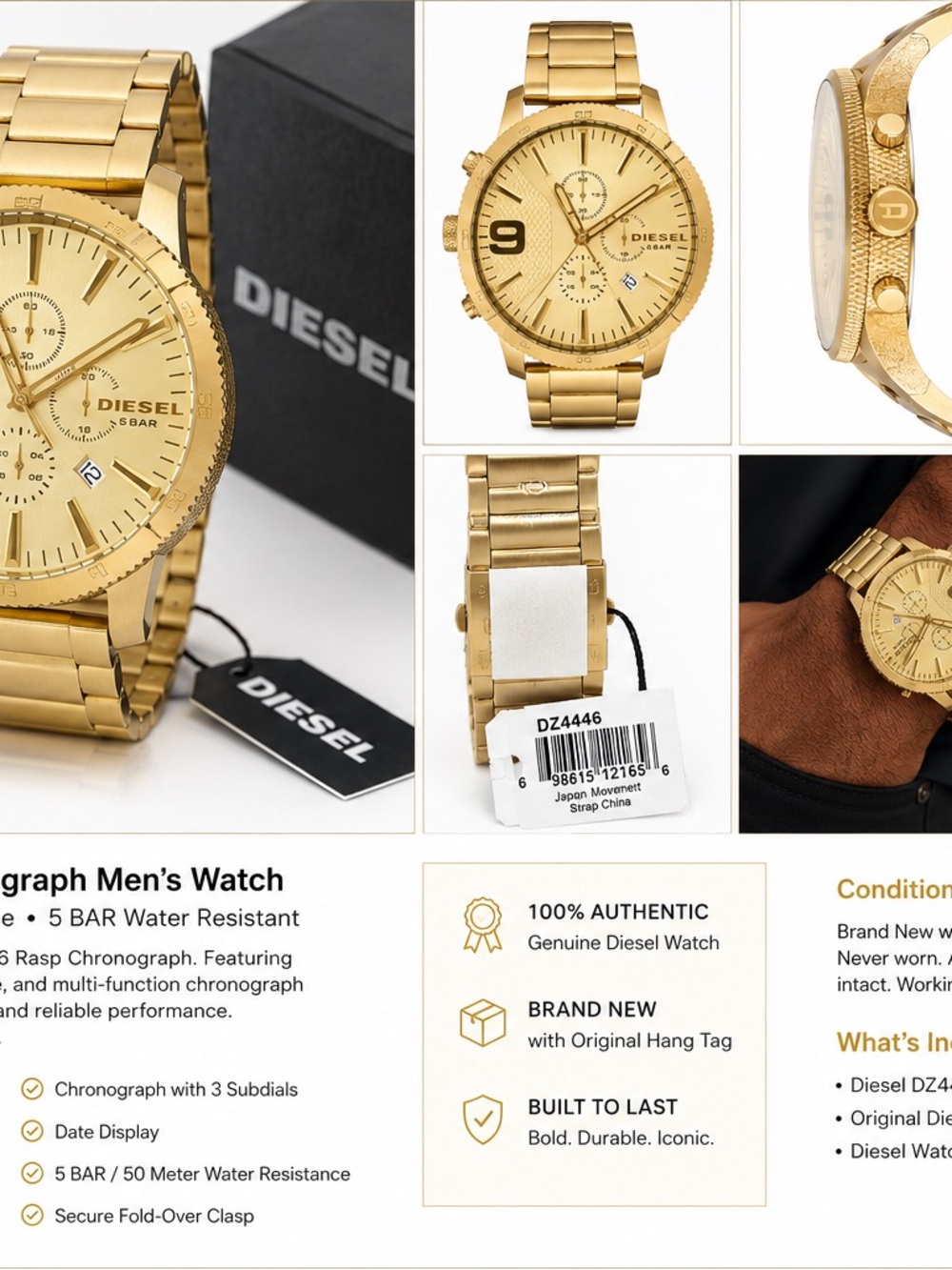 Diesel Men’s All-Gold Chronograph Bracelet Watch